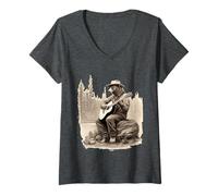 Women's Rustic Charm: Hillbilly Bear Strums Acoustic Guitar in Woods V-Neck T-Shirt