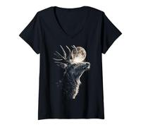 Women's Rustic Deer with Full Moon Moonlight Aesthetic Animal Art V-Neck T-Shirt
