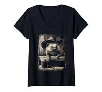 Women's Rustic Hedgehog Cowboy Animal with Iced Coffee Rodeo Western V-Neck T-Shirt