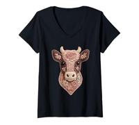 Women's Rustic Patchwork Cow Floral Animal Collage Folk Art Graphic V-Neck T-Shirt