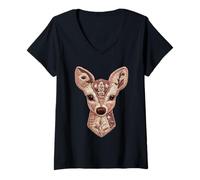 Women's Rustic Patchwork Deer Floral Animal Collage Folk Art Graphic V-Neck T-Shirt