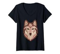 Women's Rustic Patchwork Wolf Floral Animal Boho Folk Art Graphic V-Neck T-Shirt