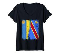 Womens Rwanda Congo Half Flag Rwandan Congolese Pride Jersey V-Neck T-Shirt