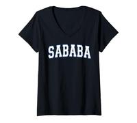 Womens Sababa Hebrew Slang Cool Varisty White Blue Letters V-Neck T-Shirt