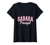 Womens Sababa Principal Hebrew Slang Cool Varsity Pink Letters V-Neck T-Shirt