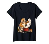 Women's Saber Tooth Tiger Cooking in The Kitchen V-Neck T-Shirt