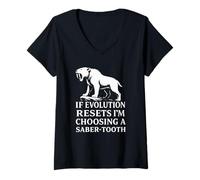 Womens Saber Tooth Tiger Evolution Reset Vintage Animal Lover Humor V-Neck T-Shirt