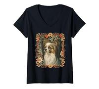 Women's Sable White Papillon Dog Vintage Floral V-Neck T-Shirt