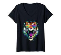 Women's Sabre-Toothed Tiger Smilodon Big Cat Sabre-Toothed Tiger V-Neck T-Shirt