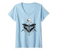 Womens Sacred Geometric Animal Mysticism Art DeathMoth Crystal Moon V-Neck T-Shirt