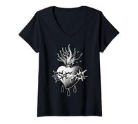 Womens Sacred Heart Crown of Thorns Blackwork Tattoo Flash V-Neck T-Shirt
