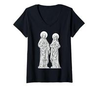 Women's Sacred Heart of Jesus Immaculate Heart Mary Vintage Catholic V-Neck T-Shirt