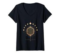 Women's Sacred Hive Honeycomb Moon Phases Celestial Beekeeper V-Neck T-Shirt