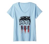Womens Sacred Honor Rise Distressed American Flag USA Patriotic V-Neck T-Shirt