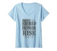 Womens Sacred Honor Rise Distressed American Flag USA Patriotic V-Neck T-Shirt