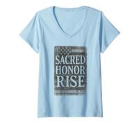 Womens Sacred Honor Rise Distressed American Flag USA Patriotic V-Neck T-Shirt