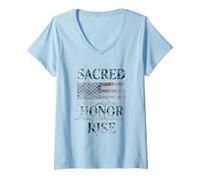 Womens Sacred Honor Rise Distressed American Flag USA Patriotic V-Neck T-Shirt