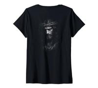 Women's Sacred Jesus with Crown of Thorns Portrait Backprint V-Neck T-Shirt