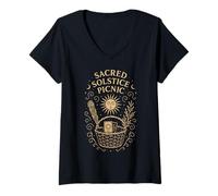 Womens Sacred Solstice Picnic Spiritual Midsummer Nature Wicca Art V-Neck T-Shirt