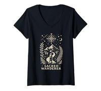 Womens Sacred Wanderer Mountain Compass Cosmic Nature Art V-Neck T-Shirt