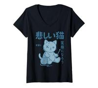 Womens Sad Cat Grunge Y2K Tee Harajuku Japanese Streetwear Goth Emo V-Neck T-Shirt