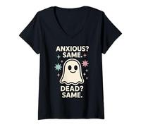 Womens Sad Ghost Ghost Humor Anxiety Ghost Mental Health Funny V-Neck T-Shirt