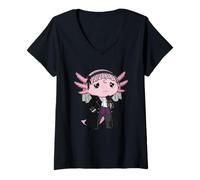 Women's Sad Goth Axolotl with Black Rose Veil Moon V-Neck T-Shirt