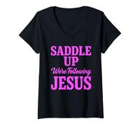 Women's Saddle Up were Following Jesus Faith Christian Scripture God V-Neck T-Shirt