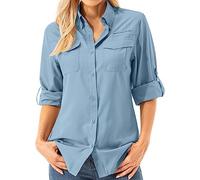 Womens Safari Sun Shirts UPF 50+ UV Sun Protection Long Sleeve Outdoor Quick Dry Fishing Hiking Gardening Shirts, Blue, S