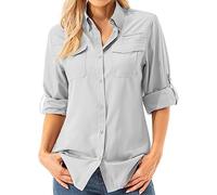 Womens Safari Sun Shirts UPF 50+ UV Sun Protection Long Sleeve Outdoor Quick Dry Fishing Hiking Gardening Shirts, Grey, S