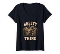 Women's Safety Third Funny Man Riding Grizzly Bear Sarcastic Saying V-Neck T-Shirt