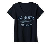 Womens Sag Harbor Long Island NY Shark Arched Pale Blue Letters V-Neck T-Shirt