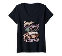 Womens Sage-Smudging My Planner for Clarity Funny Witchy Humor V-Neck T-Shirt