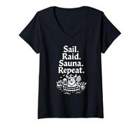 Women's Sail Raid Sauna Repeat Funny Viking History Lover Norway V-Neck T-Shirt