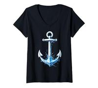 Womens sailing boat nautical white sea ship cute anchor blue water V-Neck T-Shirt