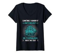 Women's Sailing Humor Boat Thinking About Me Too Nautical Art V-Neck T-Shirt