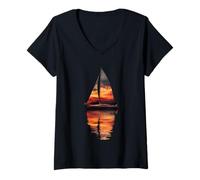 Womens SAILING SUNSET AKMU Sailboat Sea double exposure V-Neck T-Shirt
