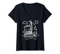 Women's Sailor Kawaii Cat Sailing Wingsails V-Neck T-Shirt