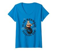 Women's Sailor Mermaid Tattoo Guitar Playing Dive Bar Music Pinup V-Neck T-Shirt, Sapphire Blue, Small