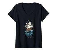 Women's Sailor Struggle Faith Over Storms Tall Ship Art V-Neck T-Shirt
