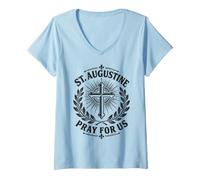 Women's Saint Augustine Catholic Prayer Cross V-Neck T-Shirt