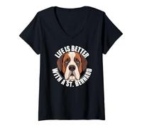 Women's Saint Bernard Lover Life is Better with St. Bernie Dog V-Neck T-Shirt