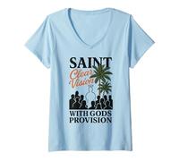 Womens Saint Crowd Faith Clear Vision God’s Provision Bible Graphic V-Neck T-Shirt