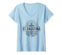Women's Saint Faustina Pray for Us Catholic Cross V-Neck T-Shirt