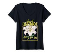 Womens Saint Gertrude Lily of Purity Women's Faith Devotion V-Neck T-Shirt