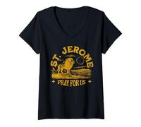 Womens Saint Jerome and the Lion Catholic Saint Thorn in Paw Bible V-Neck T-Shirt