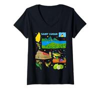 Womens Saint Lucia Map Souvenir, Caribbean Island Travel & Culture V-Neck T-Shirt