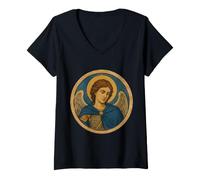 Women's Saint Michael Archangel Byzantine Oval Sacred Portrait Art V-Neck T-Shirt