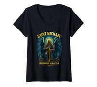 Womens Saint Michael Defend Us in Battle - Archangel Prayer V-Neck T-Shirt