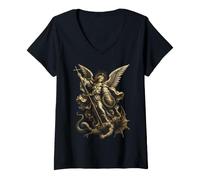 Women's Saint Michael the Archangel Defeating Satan Christian V-Neck T-Shirt
